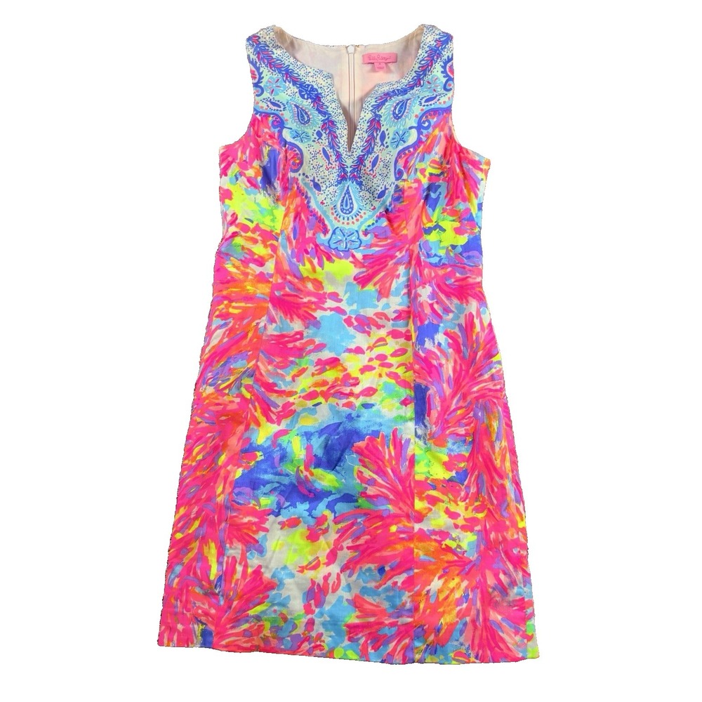 LILLY PULITZER Fallon Shift Dress‎ size 2 Bright Lined Palm Beach Coral Resort